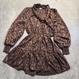 Flying Tomato Brown Silk Abstract Tie Neck Ruffle Mini Dress Boho Sz L Preppy